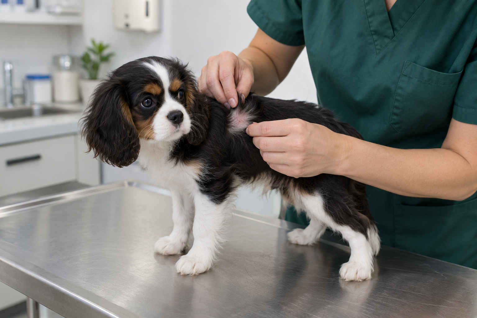 Veterinárka kontroluje začervenané miesto na koži trikolórneho šteniatka